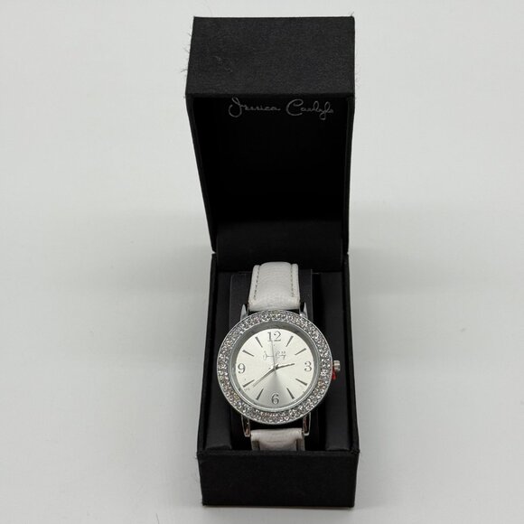 Jessica Carlyle Womens Rhinestone White Leather Strap Watch Silver-Tone Face - Picture 1 of 7
